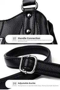 Detail of black pebbled leather handbag with reinforced rivets and silver metal buckle