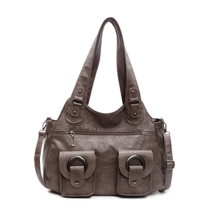 Retro dark brown leather tote bag with dual handles and crossbody strap on white background