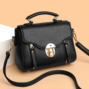 Women Litchi Texture PU Leather Handbag Small Square Crossbody Bag With Golden Lock Top Handle Adjustable Strap Urban Style