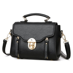 Classic black litchi pattern PU leather handbag with gold metal lock and top handle