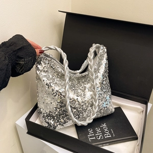 Women Sequin Shoulder Bag With Braided Rope Handle Sparkly PVC Hobo Tote Bag For Party Casual Fashion
