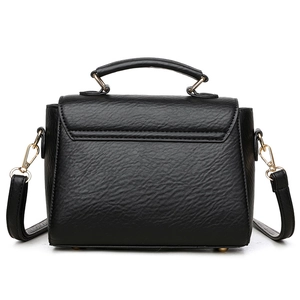 Elegant black lychee grain faux leather small square handbag with gold-tone hardware buckles