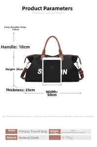 Detailed size chart of black oxford travel bag with dimensions 50x28x25cm and iPad scale