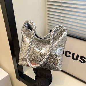 Silver sequin handbag with metallic woven handles for women in a casual style