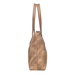 Brown textured canvas tote bag with leather handles in a side-view studio shot