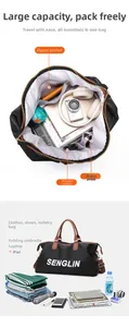 Detail view of large capacity travel bag interior compartments with multiple pockets