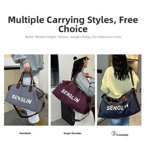 Three-way carry style showing travel bag in grey, wine red, and navy with long straps