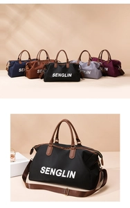 Detail of multi-color travel tote bags with PU leather handles and adjustable straps