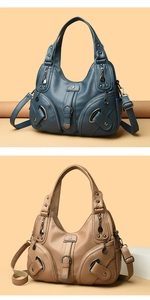 Dettagli della borsa vintage in pelle martellata con tasche multiple, zip e borchie