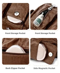 Macro view of a brown vintage leather shoulder bag featuring multi-pocket storage details