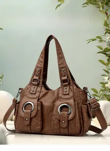 Brown vintage faux leather handbag with lychee pattern and adjustable shoulder strap
