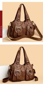 Close-up of vintage brown shoulder bag with multi-pocket design and metal ring details
