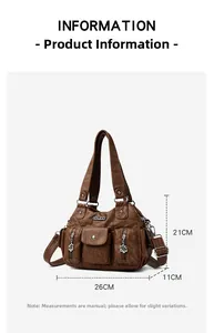 Detailed size information for the brown PU leather shoulder bag with multi-pocket layout