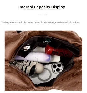 Internal view of large brown leather tote bag showing multi-compartment storage and hardware latch