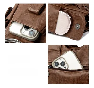 Macro detail of dark brown vintage leather shoulder bag with multiple storage pockets