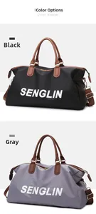 Detailed color display of large travel duffel bags in black and grey with leather handles