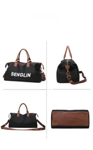 Detailed four-view display of black travel bag with brown leather handles and metal base studs