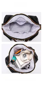 Detail view of large travel tote interior showing spacious pockets with daily essentials