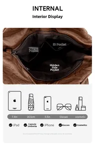 Interior layout of brown leather bag showing phone pocket and capacity for iPad mini