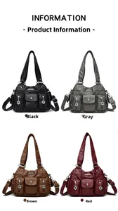 Detail view of large multi-pocket handbags in black, gray, brown, and red colors