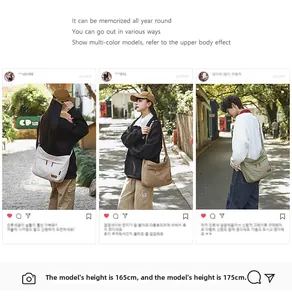 Three-frame outdoor view of large canvas messenger bags in cream, khaki, and olive grey