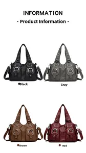 Collage of four vintage leather tote bags in black, gray, brown, and red colors