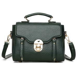 Retro dark green pebbled leather handbag with gold buckle and adjustable strap