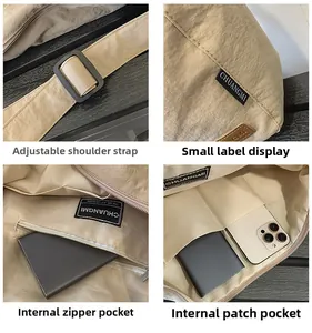 Detail view of adjustable strap, brand label, and organized interior pockets of nylon bag