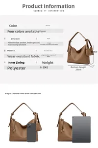 Size chart showing 26x19x8cm dimensions for the minimalist shoulder bag with material details