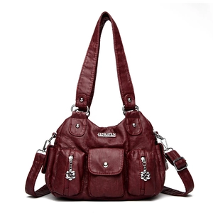 Vintage Women Shoulder Bag PU Leather Multi Pocket Handbag Retro Soft Leather Purse With Flower Zipper Pull