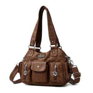 Retro large brown multi-pocket tote bag for women with textured synthetic leather finish