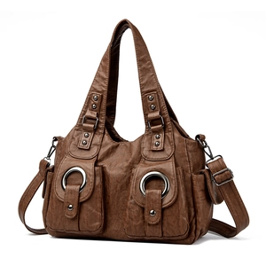 Retro brown large capacity shoulder bag in washed PU leather with metallic ring pockets