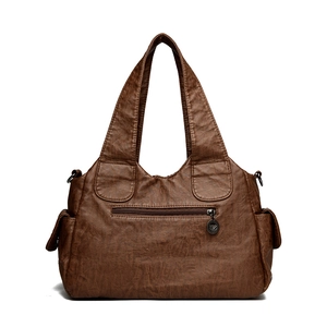 Vintage brown large capacity women's tote bag with side pockets and smooth leather texture