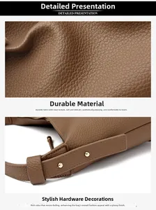 Close-up of dark brown lychee grain leather texture and durable golden hardware details