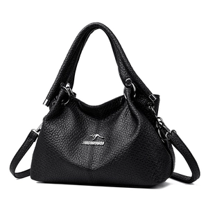 Classic black pebbled leather tote bag with dual handles and silver kangaroo logo detail