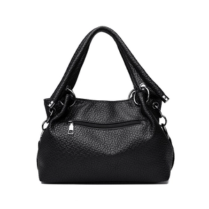 Large black embossed leather shoulder bag with silver hardware and front zipper pocket
