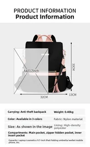 Detail view of water-resistant nylon backpack with anti-theft zipper and pink tassel detail