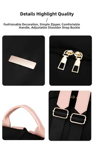 Detailed close-up of pink leather handles and gold zippers on black travel backpack