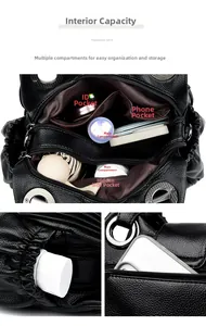 Detail of black pebbled leather bag interior with multiple compartments and hardware latch