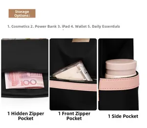 Detail view of the black nylon bag showing zipper pockets and side water bottle holder
