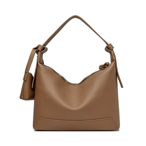 Minimalist brown lychee leather Hobo shoulder bag with decorative knotted wide strap