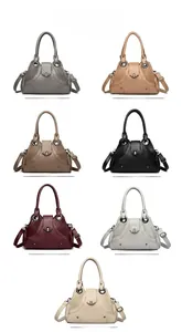 Detailed color selection showing 7 textured PU leather shoulder bags with rivet accents