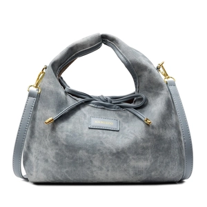 Minimalist denim blue textured shoulder bag with pleated design and golden metal accents