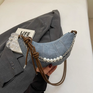 Borsa Hobo Mezzaluna Denim Pelle PU Perla Artificial Catena Metallo Tracolla Annodata Spalla Sottobraccio Donna