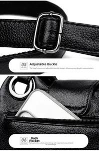 Detail of black pebble leather shoulder bag showing adjustable strap buckle and back zip pocket