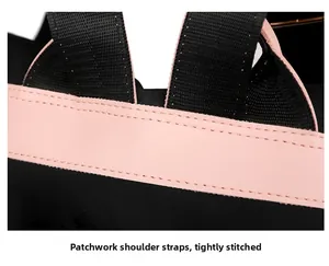 Detail of stitched shoulder straps with tight seam stitching on a nylon and leather bag