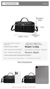 Detailed view of black litchi grain leather square bag with size 19x10x6cm specifications