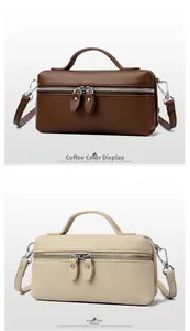 Detail view of lychee pattern leather bags in coffee and apricot with silver zippers