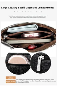 Vue détaillée de l'intérieur du sac noir en cuir grainé avec poches de rangement