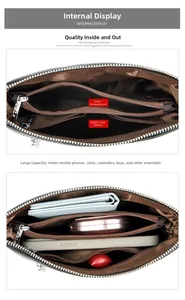 Vue détaillée des compartiments intérieurs multicouches et poches zippées du sac marron